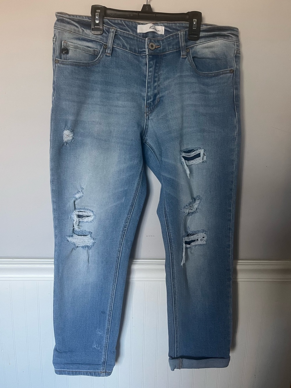 KanCan Light Blue distressed Jeans with Branded Button. Size 11